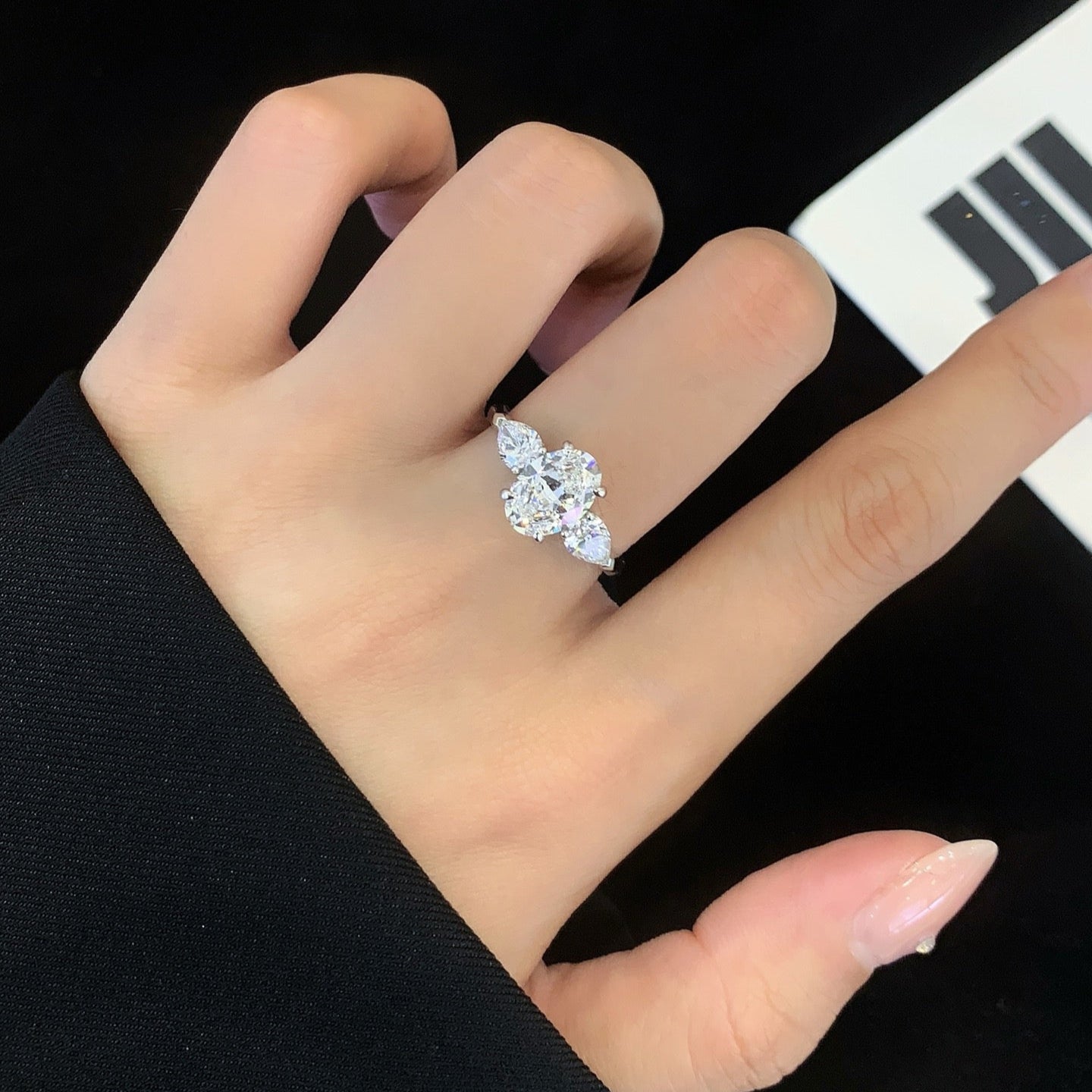 2 ct Three Stones Oval and Pear Cut Lab Created Diamond Engagement Ring in 14K White Gold