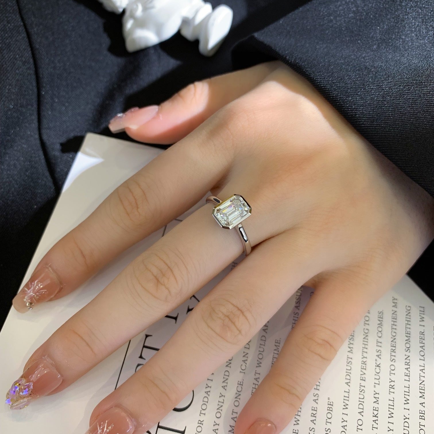 2ct Emerald Bezel Lab Grown Diamond Engagement Ring in 14K White Gold