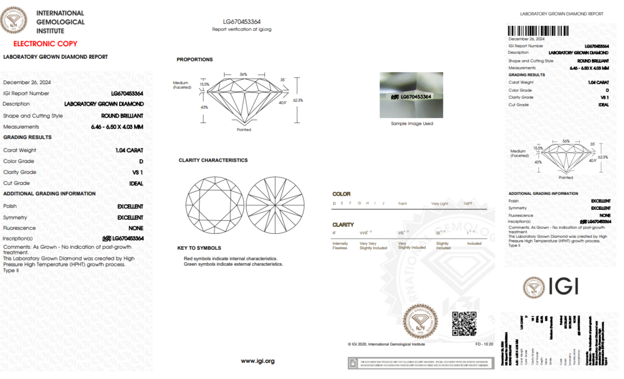 1.04 Carat Round Brilliant Lab Grown Diamond D Color VS1 Clarity IDEAL Cut -IGI Certified