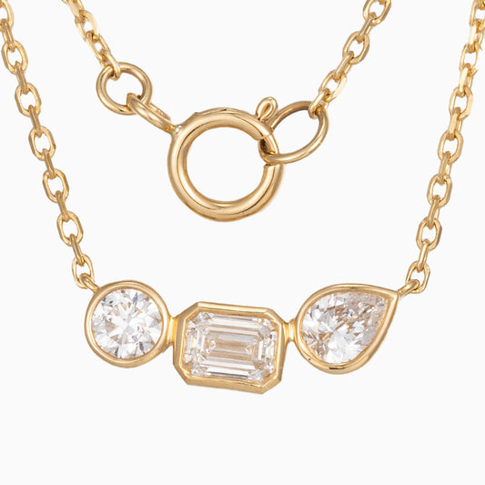 3 stones fancy Lab Grown Diamond Necklace 16-18 Inch in 14k Yellow Gold