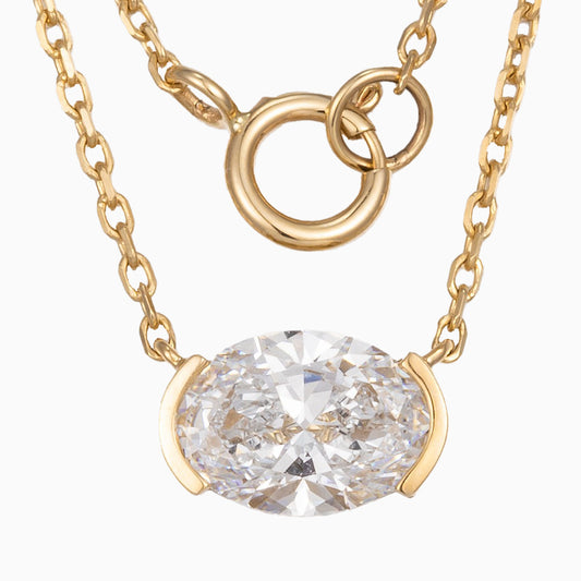 1 ct Oval Half Bezel Lab Grown Diamond East-West Necklace 16-18 Inch in 14k Yellow Gold