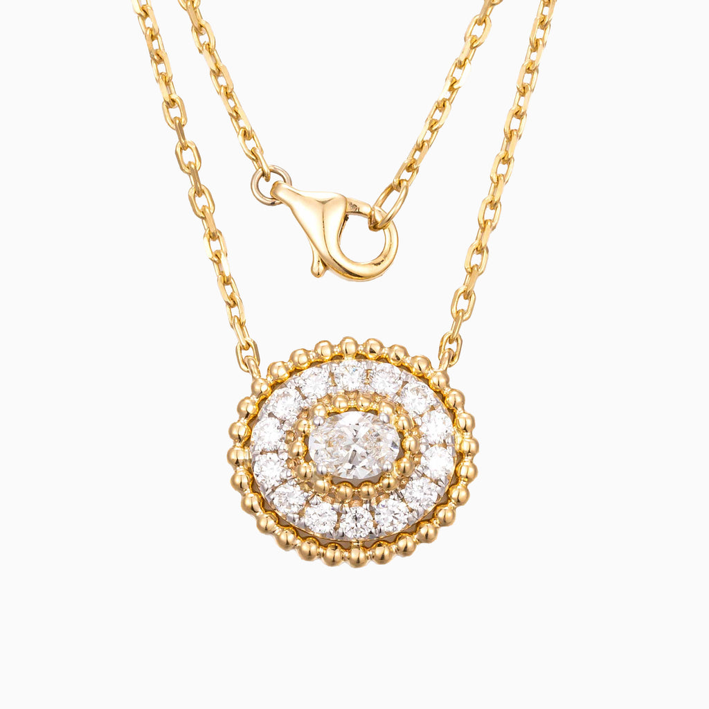 Contemporary Oval Halo Lab Grown Diamond Pendant 16-18 Inch in 14k Yellow Gold