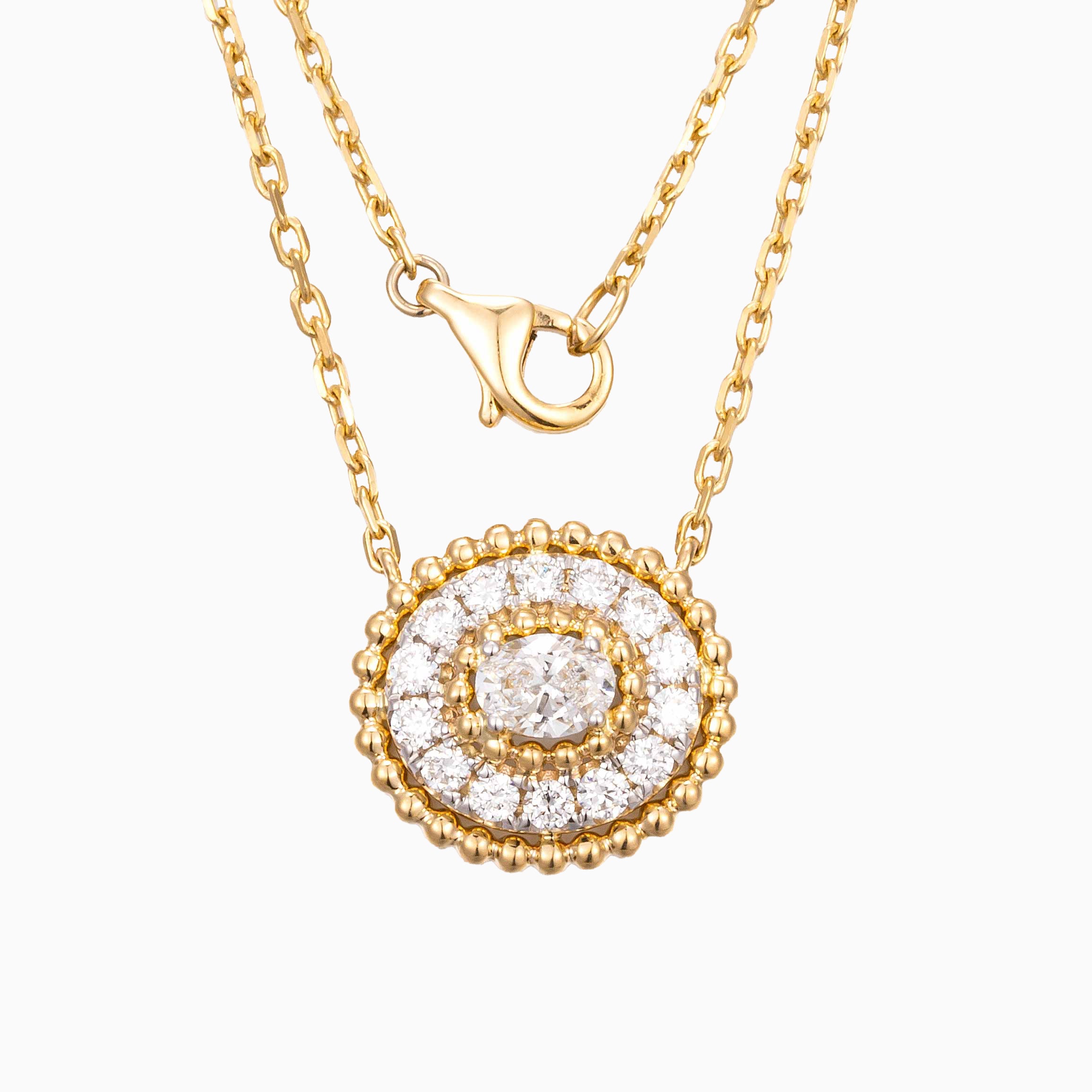 Contemporary Oval Halo Lab Grown Diamond Pendant 16-18 Inch in 14k Yellow Gold