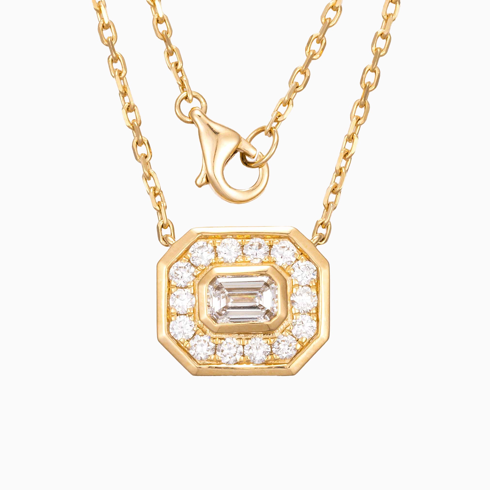 7/10 ctw Bezel Emerald Halo Lab Grown Diamond Necklace 16-18 Inch in 14k Yellow Gold