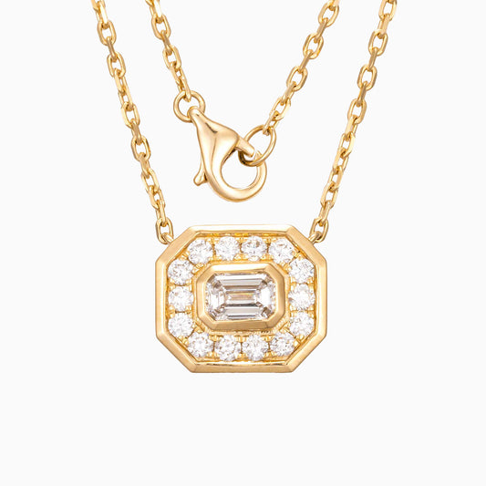7/10 ctw Bezel Emerald Halo Lab Grown Diamond Necklace 16-18 Inch in 14k Yellow Gold