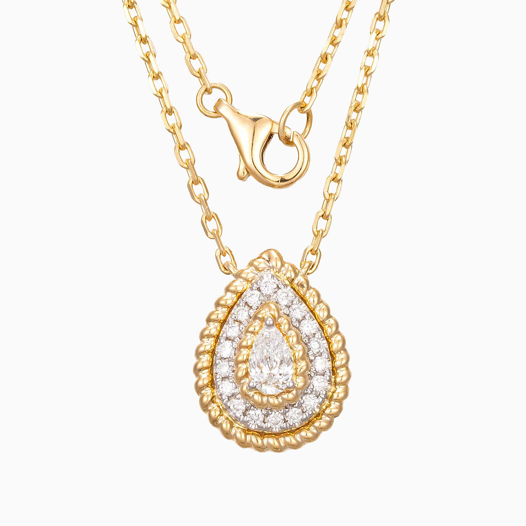 Contemporary Pear Halo Lab Grown Diamond Pendant 16-18 Inch in 14k Yellow Gold