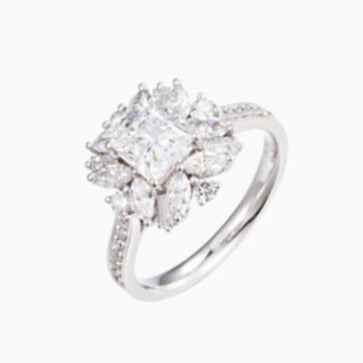 1 ct Vintage Princess cut cluster Lab Grown Diamond Engagement Ring in 14k White Gold