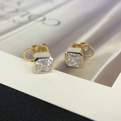 1 1/2 ctw Bezel Asscher Cut Earstuds(Pair) in 14k Yellow Gold