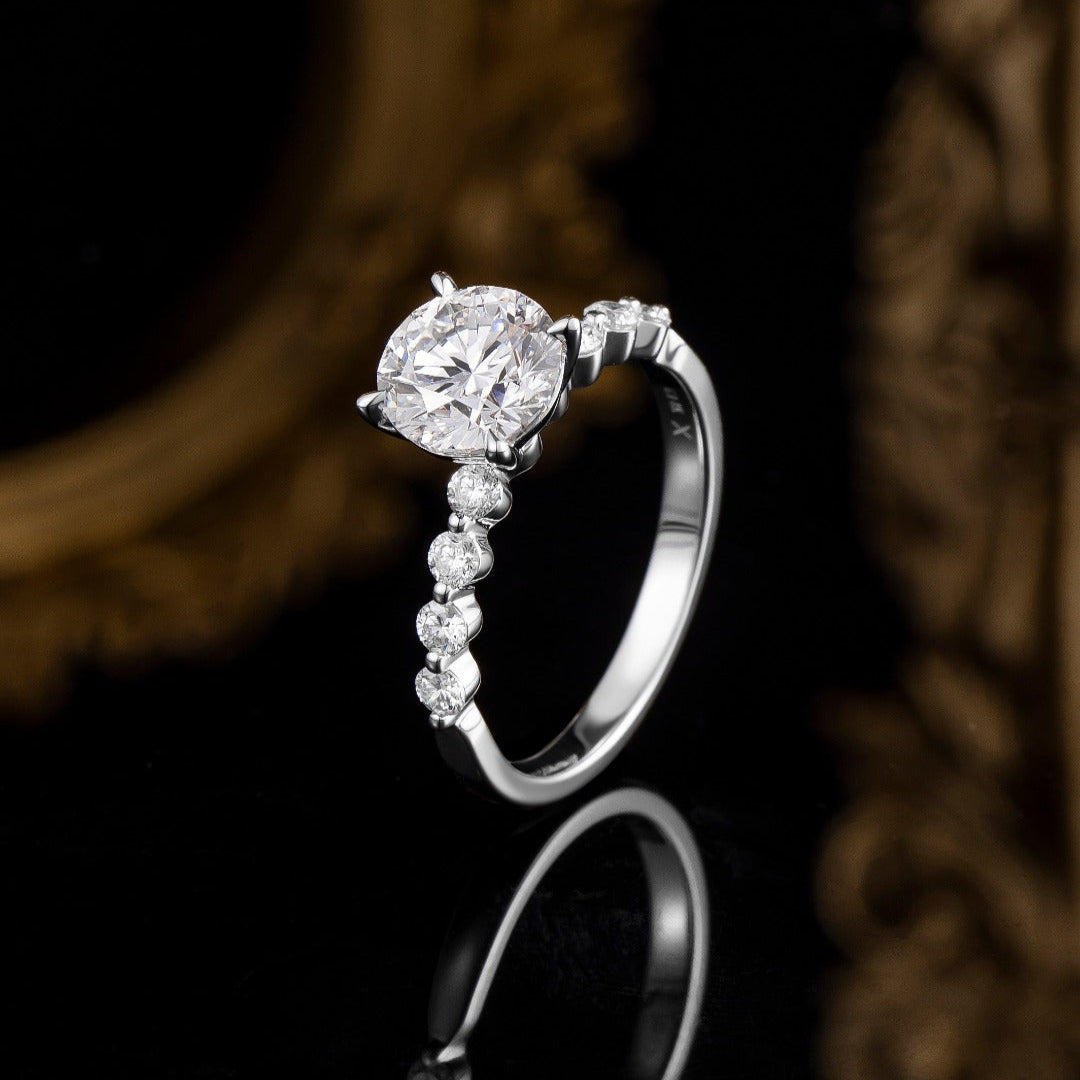 1ct Round 4 prongs Station Lab Grown Diamond Engagement Ring in 14k White Gold