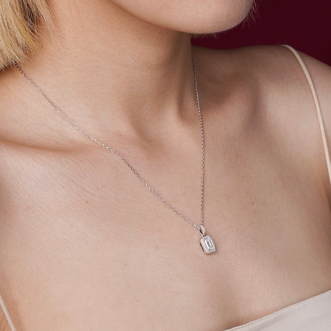 1 ct Emerald Cut Halo Lab Grown Diamond Pendant Necklace in Platinum