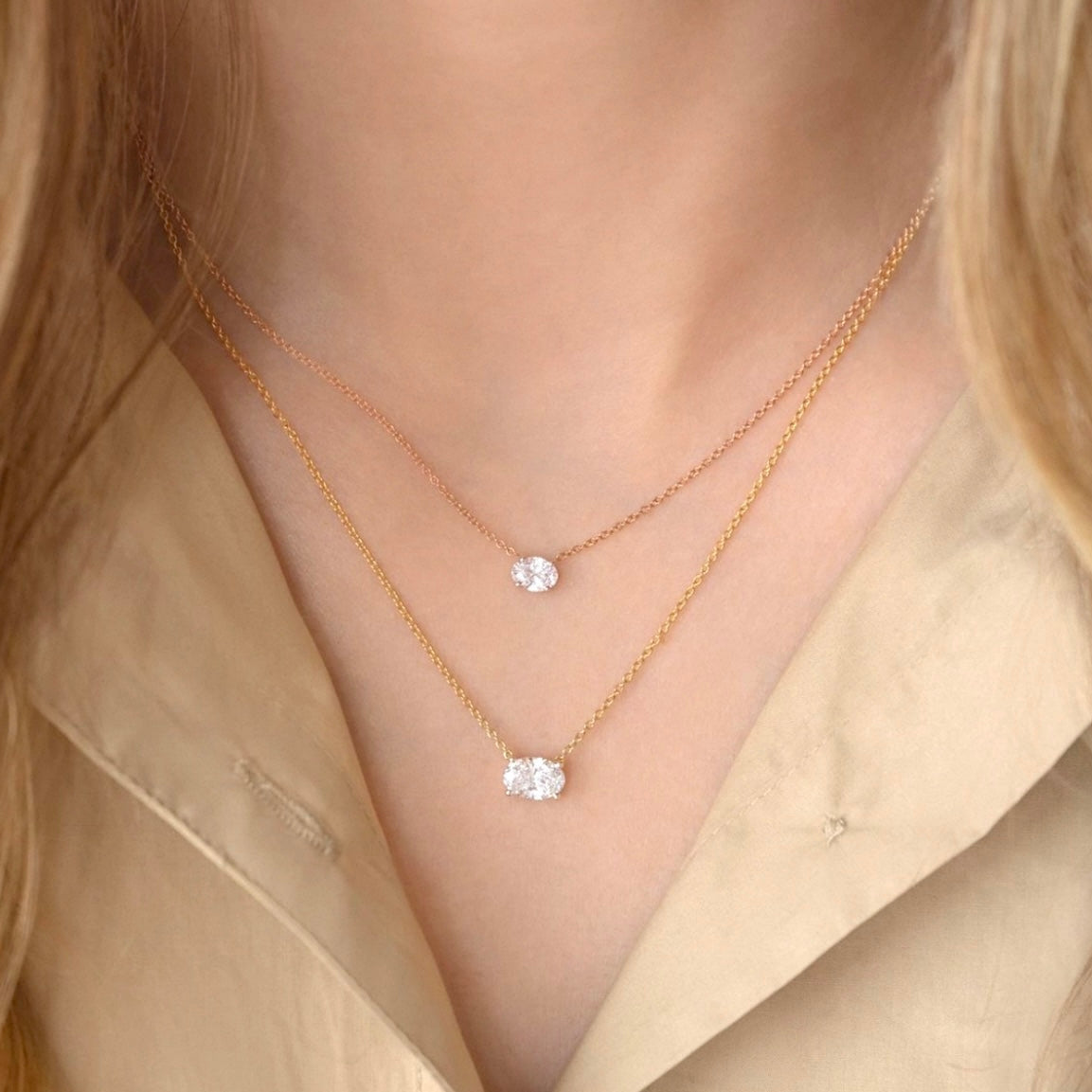 1ct Solitaire East-West Oval Lab Grown Diamond Necklace 16-18 Inch in 14k Yellow Gold
