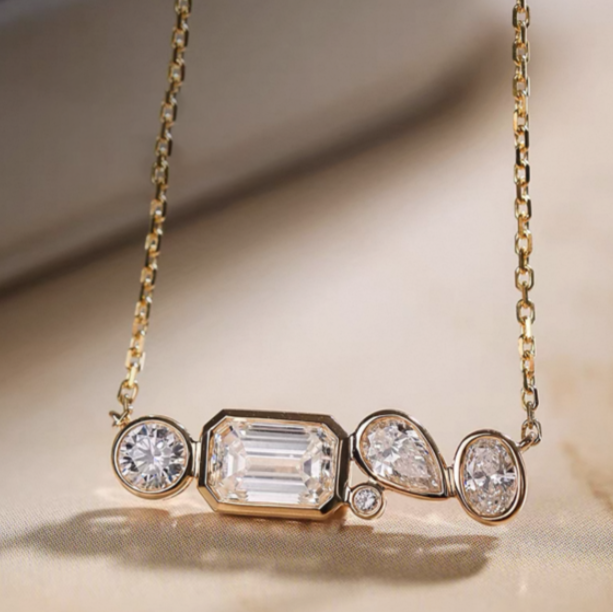 1 ct Mixed Fancy Shape Lab Grown Diamond Bezel Bar Necklace 16-18 Inch in 14k White Gold