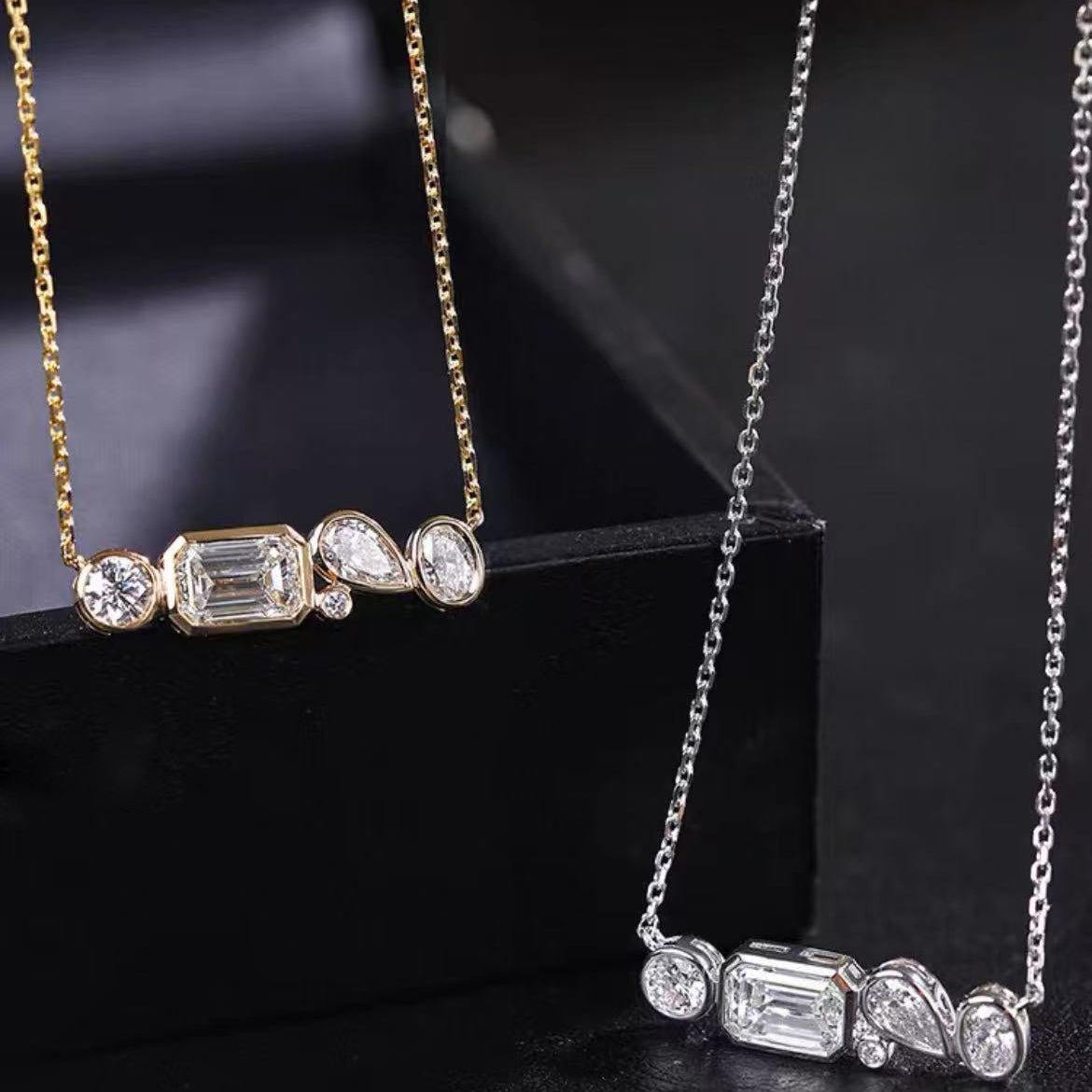 1 ct Mixed Fancy Shape Lab Grown Diamond Bezel Bar Necklace 16-18 Inch in 14k White Gold