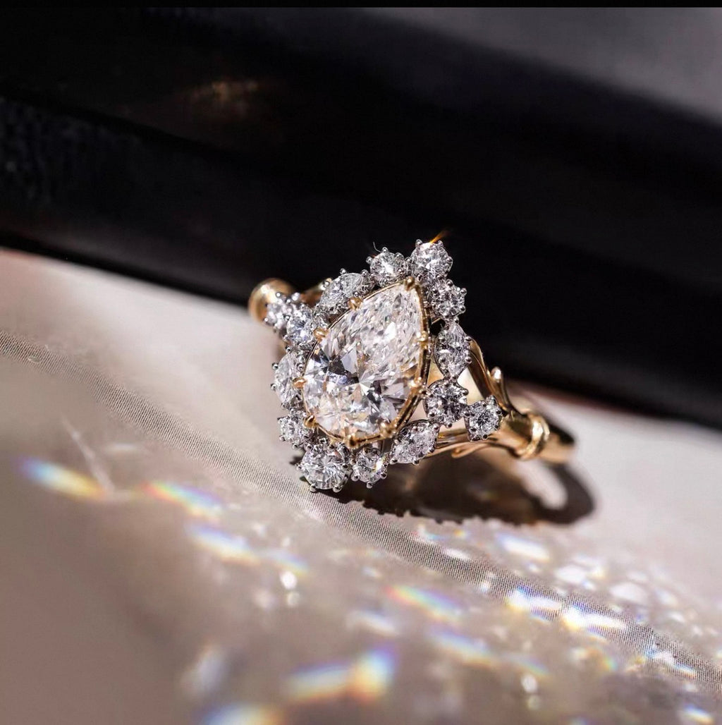 1 ct Vintage Pear Halo Lab Grown Diamond Ring in 14k White Gold