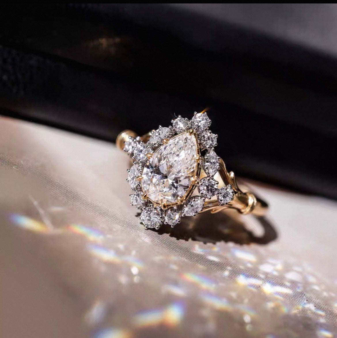 1 ct Vintage Pear Halo Lab Grown Diamond Ring in 14k White Gold