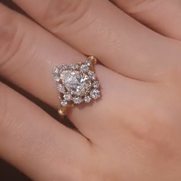 1 ct Vintage Pear Halo Lab Grown Diamond Ring in 14k White Gold
