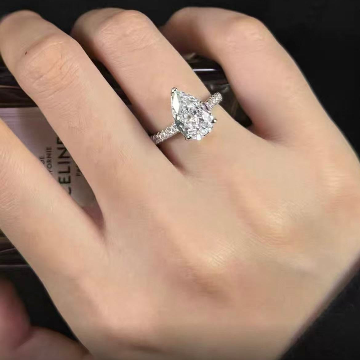 1 ct Pear Shaped Pave Lab Grown Diamond Engagement Ring in 14K White Gold