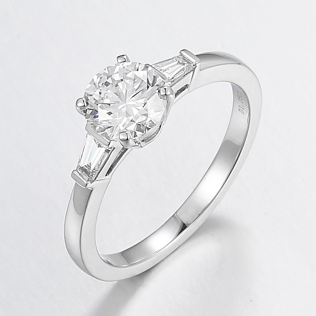 1 ct Three Stone Round Tapered Baguette Lab Grown Diamond Engagement Ring 14k White Gold
