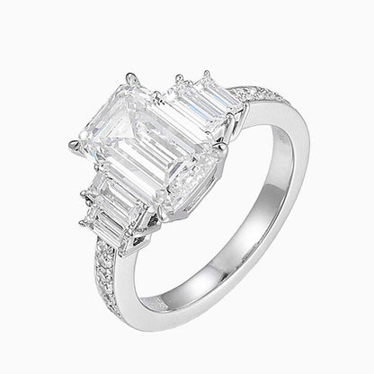 3ct 5 stones Emerald cut Pave Lab Grown Diamond Engagement Ring in Platinum