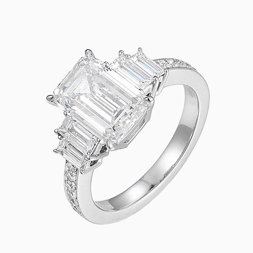 3ct 5 stones Emerald cut Pave Lab Grown Diamond Engagement Ring in Platinum