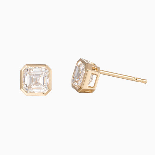 1 1/2 ctw Bezel Asscher Cut Earstuds(Pair) in 14k Yellow Gold