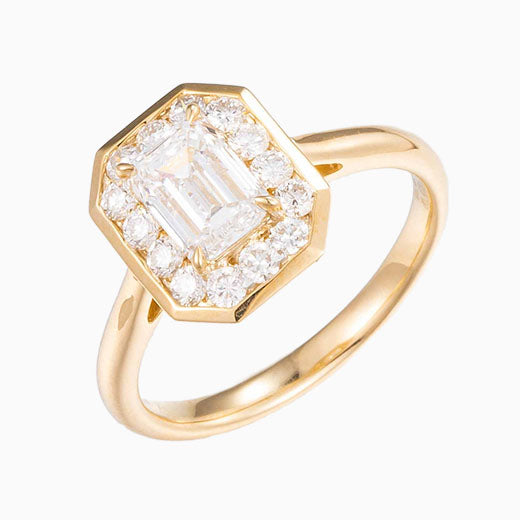 1 ct Bezel Emerald Halo Lab Grown Diamond Engagement Ring in 14k Yellow Gold
