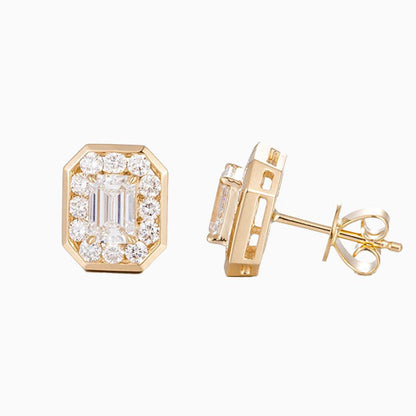 1.6ctw Bezel Emerald Halo Lab Grown Diamonds Earstuds (Pair) in 14k Yellow Gold