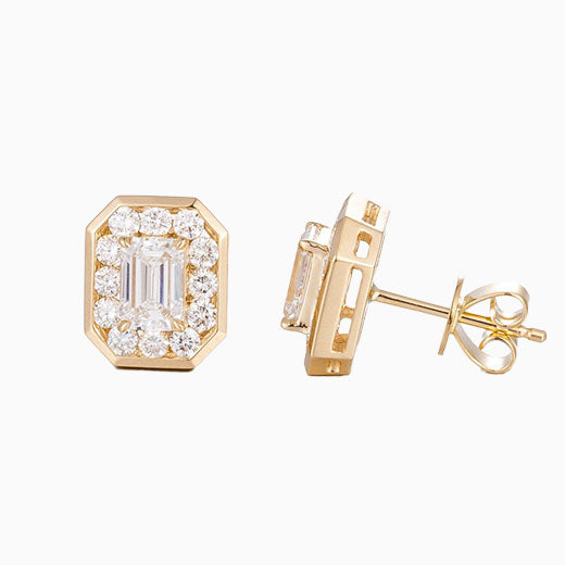 1.6ctw Bezel Emerald Halo Lab Grown Diamonds Earstuds (Pair) in 14k Yellow Gold