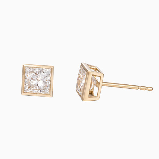 1.0 ctw Bezel Princess Cut Earstuds (Pair) in 14k Yellow Gold
