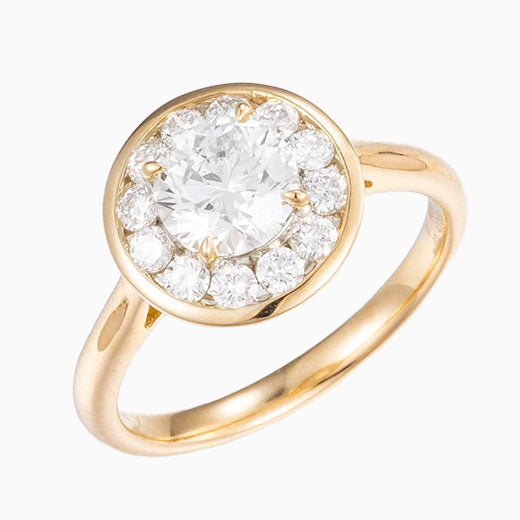 1ct Bezel Round Halo Lab Grown Diamond Engagement Ring in 14k Yellow Gold