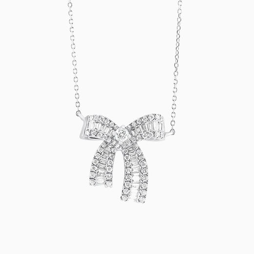 0.4ct Mini Round and Baguette Lab Grown Diamond Bow Necklace in Platinum/ 18K/14K White Gold  