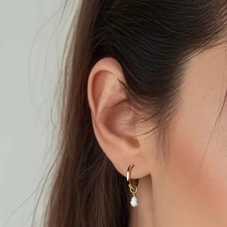 Floating Diamond Pear Huggie Earring (Single)