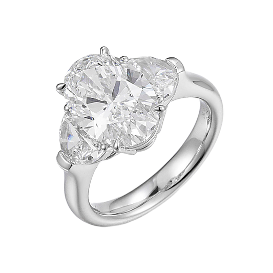 4ct Oval Diamond Three-Stone Half-Moon Sidestone Diamond Engagement Ring in Platinum