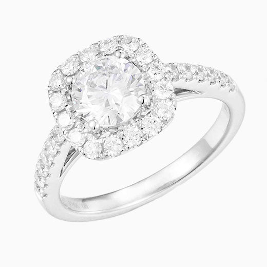 1ct Round Cushion Halo Lab Grown Diamond Engagement Ring in 14K White Gold