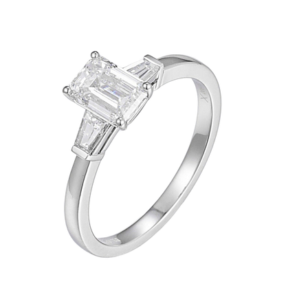 1 ct Three Stone Emerald &Tapered Baguette Lab Grown Diamond Engagement Ring in Platinum