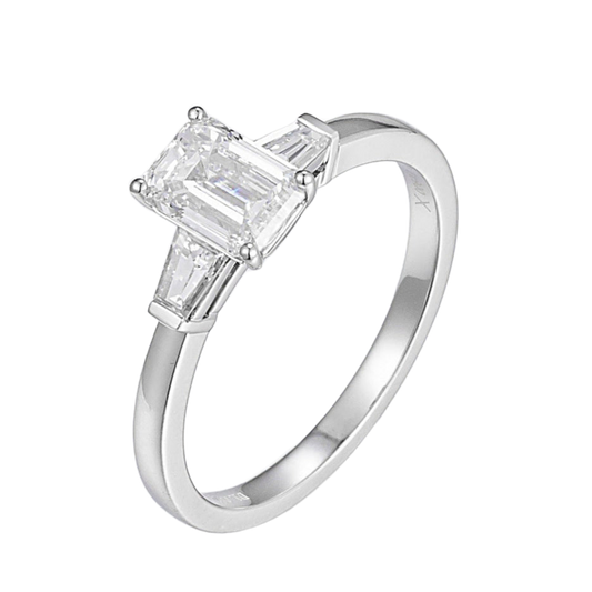 1 ct Three Stone Emerald &Tapered Baguette Lab Grown Diamond Engagement Ring in Platinum