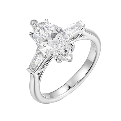 1ct Three Stone Marquise Cut Lab Grown Diamond with Tapered Baguette Ring in 14k White Gold