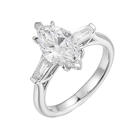1ct Three Stone Marquise Cut Lab Grown Diamond with Tapered Baguette Ring in 14k White Gold
