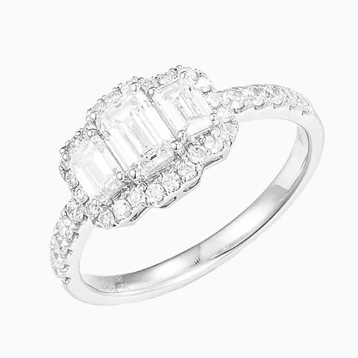 1ct Three stone Emerald cut Halo Lab Grown Diamond Engagement Ring in 14k White Gold