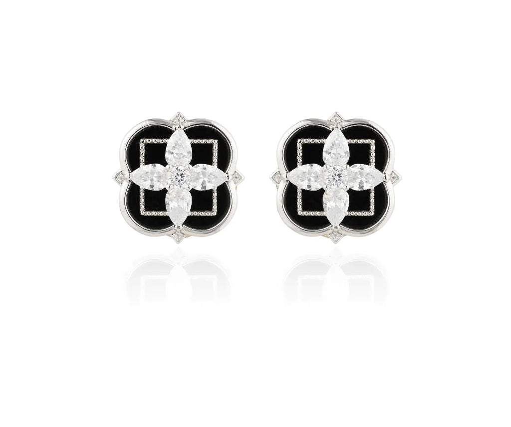 Black Chalcedony Clover Earrings