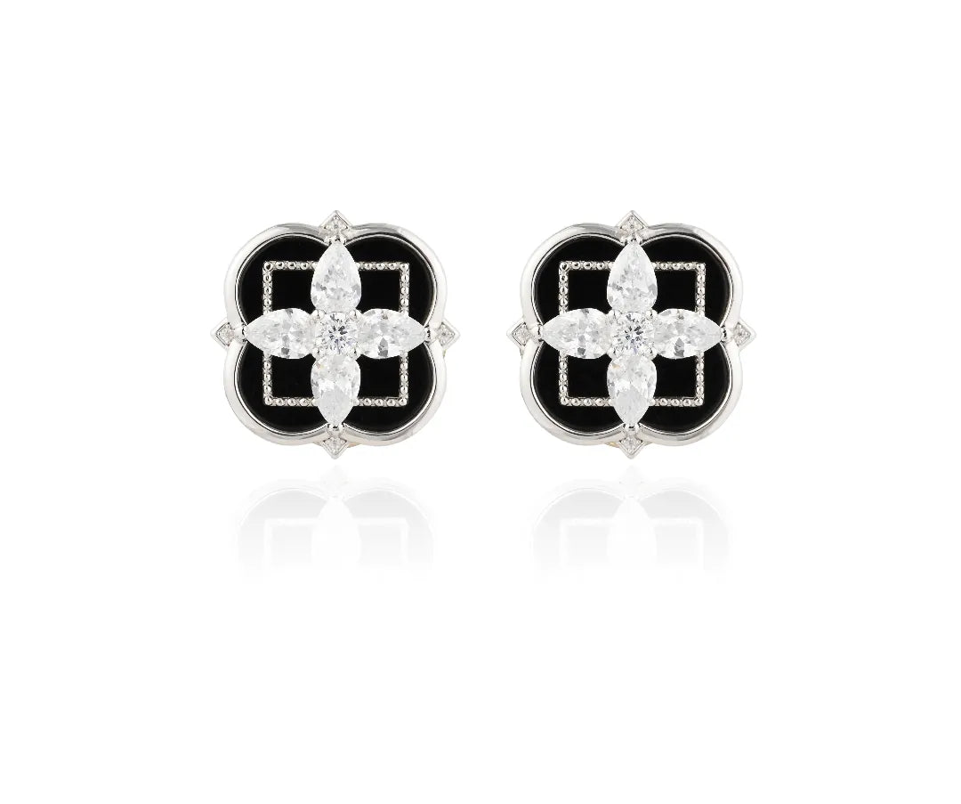 Black Chalcedony Clover Earrings