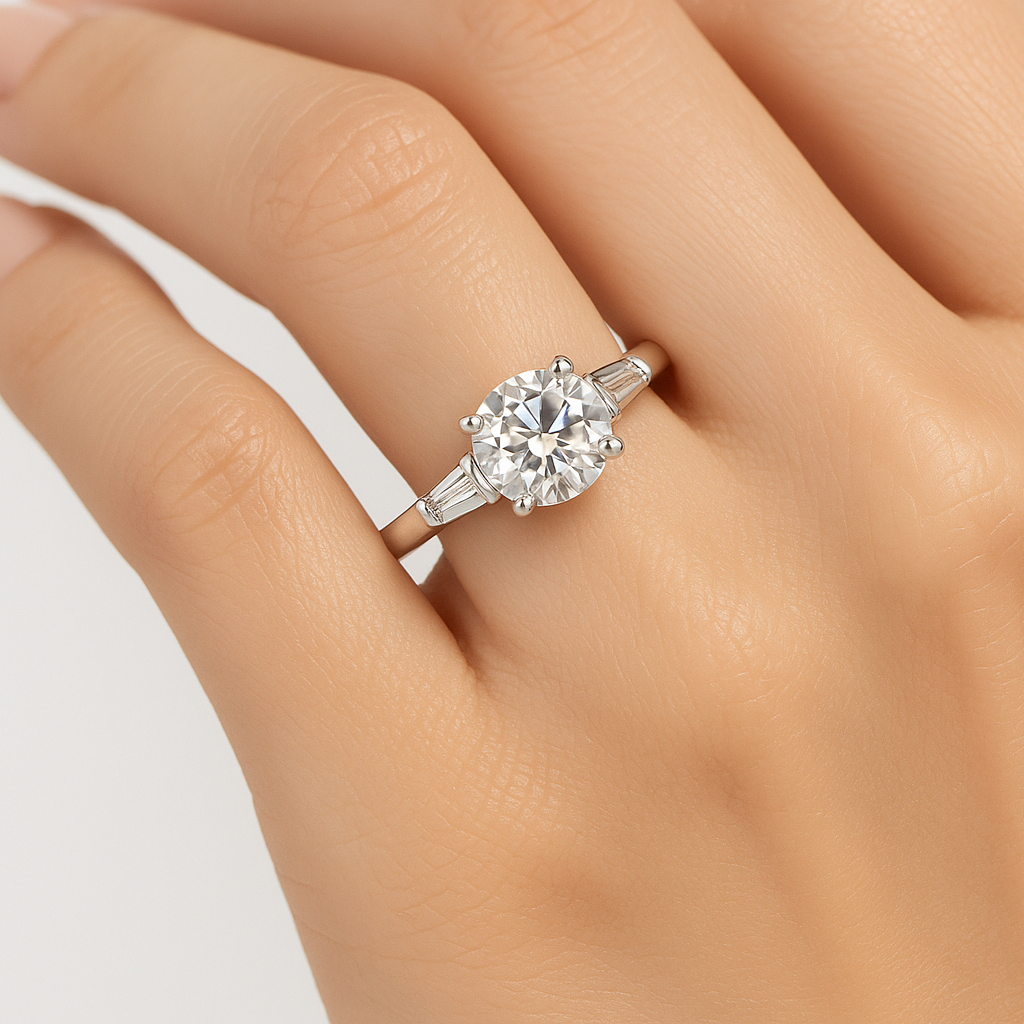 featuring three stone  lab grown diamond ringwith 1 carat round shape diamond as main stone, holding with 4 prongs setting, 2 tapered baguette as side stones . This ring is putting on a female model's finger, made with 14k white gold.