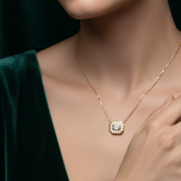 7/10 ctw Bezel Emerald Halo Lab Grown Diamond Necklace 16-18 Inch in 14k Yellow Gold7/10 ctw Bezel Emerald Halo Lab Grown Diamond Necklace 16-18 Inch in 14k Yellow Gold
