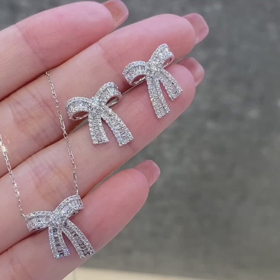0.4ct Mini Round and Baguette Lab Grown Diamond Bow Necklace in Platinum/ 18K/14K White Gold  