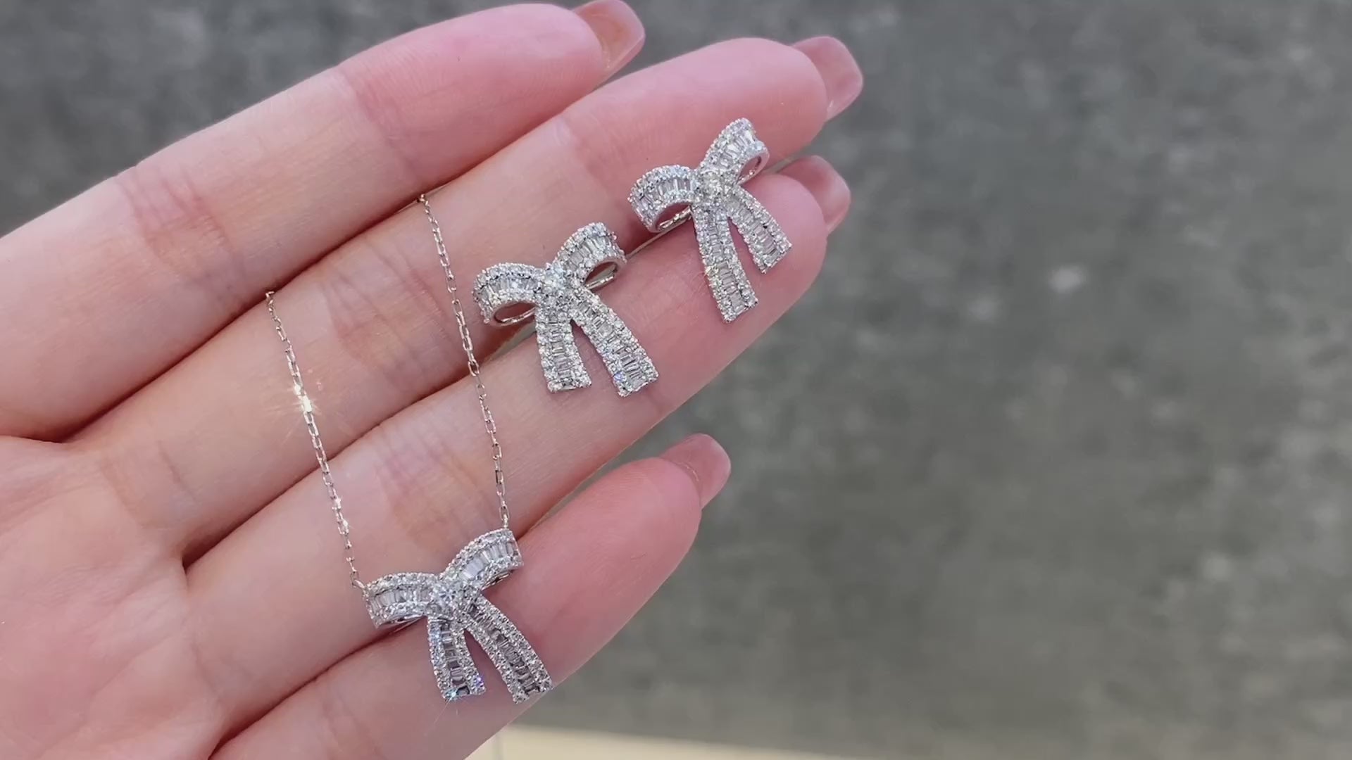 0.4ct Mini Round and Baguette Lab Grown Diamond Bow Necklace in Platinum/ 18K/14K White Gold  