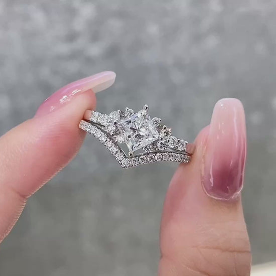 Cluster style Princess cut Lab Grown Diamond Engagement Ring in 14k White Gold