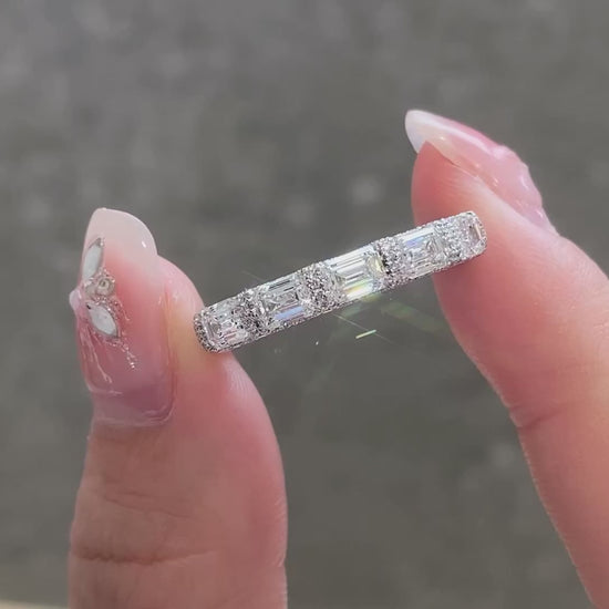 Horizontal Emerald Cut Lab Grown Diamond Half Eternity Band in 14k White Gold