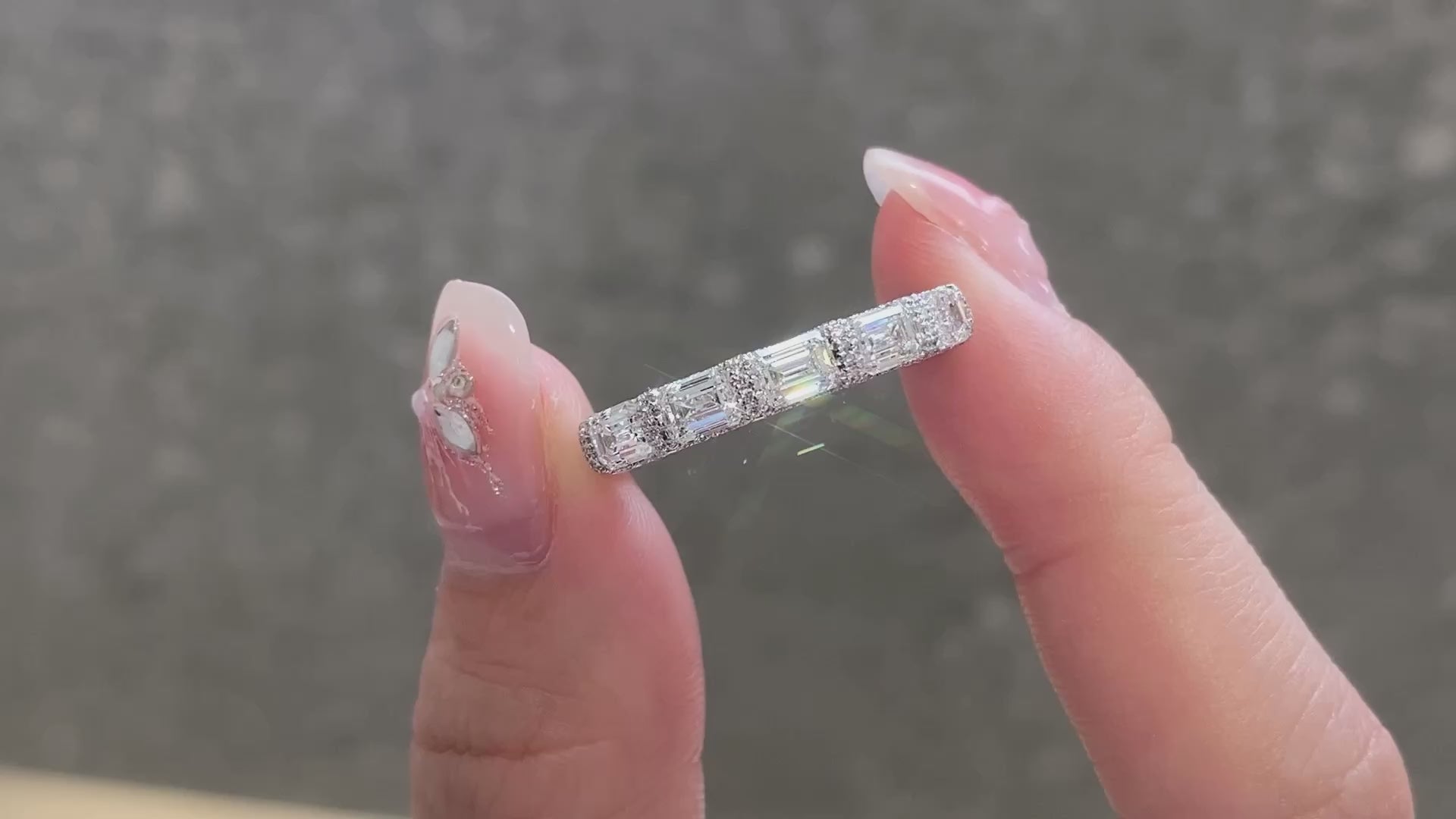 Horizontal Emerald Cut Lab Grown Diamond Half Eternity Band in 14k White Gold