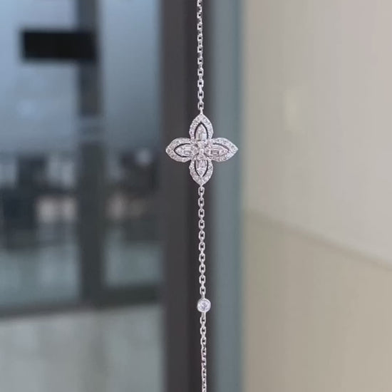 Four Leaf Clover Lab Grown Diamond Bracelet Lucky Charm in 14k White Gold