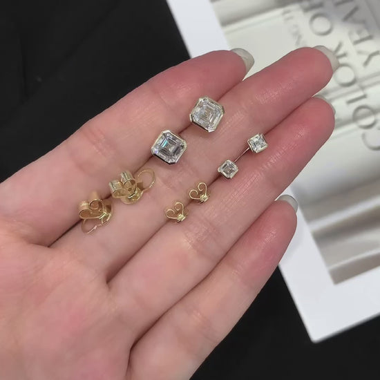 1 1/2 ctw Bezel Asscher Cut Earstuds(Pair) in 14k Yellow Gold